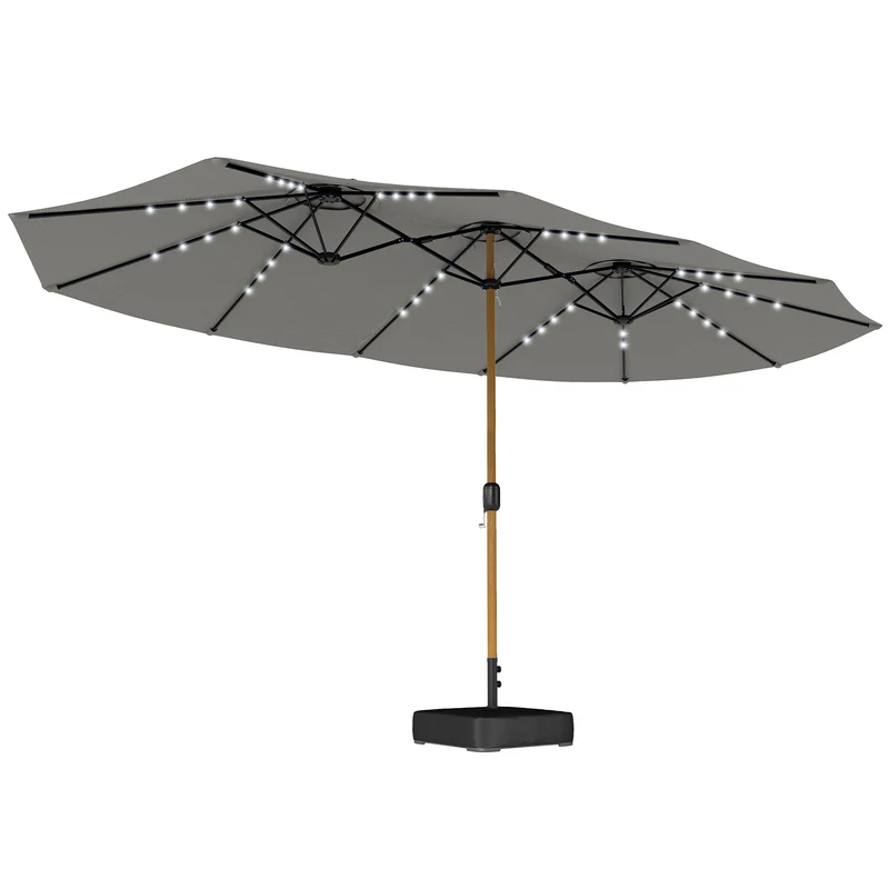 Outsunny Sombrilla Doble con 48 Luces LED, 4,6x2,6 m, Sombrilla Terraza Exterior con Base Incluida, Manivela, Sacos Arena, Funda, Anti-UV, Resistente al Agua, Parasol para Jardín, Terraza, Gris