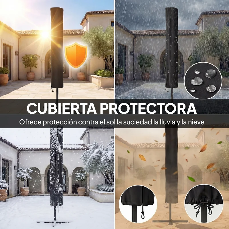 Outsunny Sombrilla Terraza Exterior, 2,9x2,5 m, Sombrilla de Jardín con 24 Luces LED Solares, Dosel Inclinable, Poste Metálico, Parasol para Patio, Terraza, Azul Oscuro