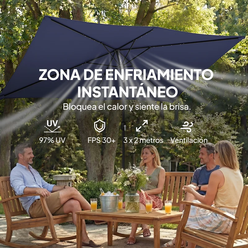 Outsunny Sombrilla Terraza Exterior, 2,9x2,5 m, Sombrilla de Jardín con 24 Luces LED Solares, Dosel Inclinable, Poste Metálico, Parasol para Patio, Terraza, Azul Oscuro
