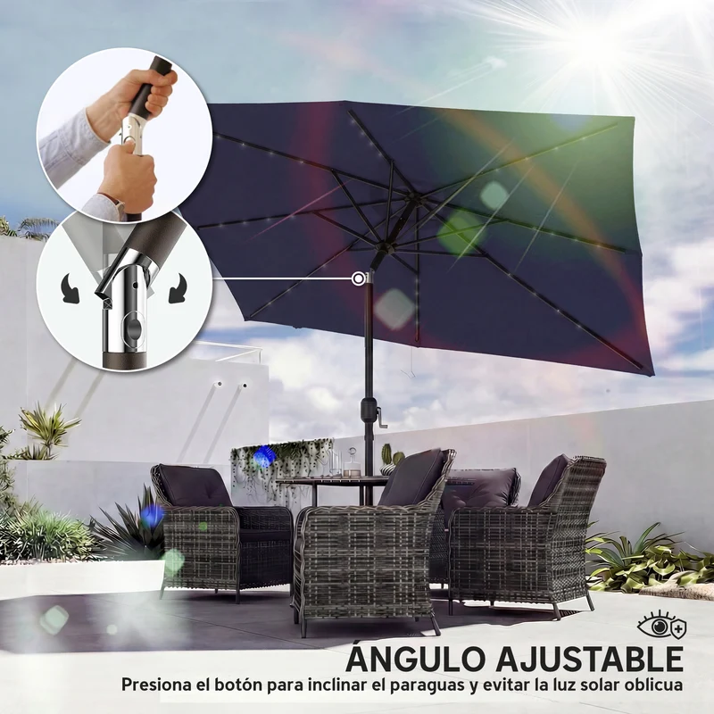 Outsunny Sombrilla Terraza Exterior, 2,9x2,5 m, Sombrilla de Jardín con 24 Luces LED Solares, Dosel Inclinable, Poste Metálico, Parasol para Patio, Terraza, Azul Oscuro