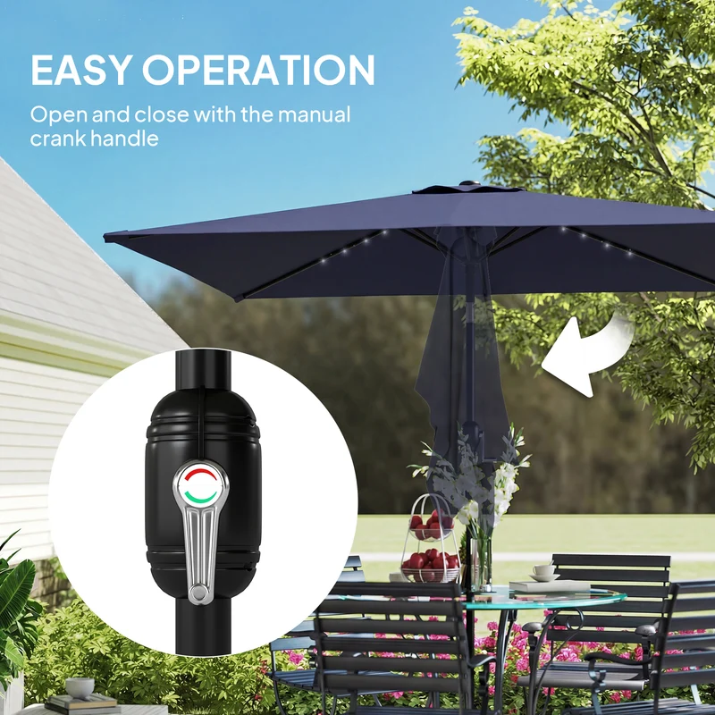 Outsunny Sombrilla Terraza Exterior, 2,9x2,5 m, Sombrilla de Jardín con 24 Luces LED Solares, Dosel Inclinable, Poste Metálico, Parasol para Patio, Terraza, Azul Oscuro