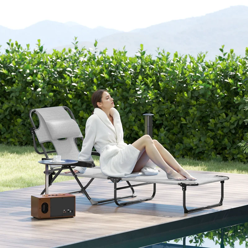Outsunny Tumbona Plegable, Tumbona Jardín Exterior con Respaldo Ajustable en 4 Posiciones, Orificio de Lectura, Reposacabezas y Brazos, Carga 120 kg, para Terraza, Piscina, 145x72x89 cm, Gris Oscuro