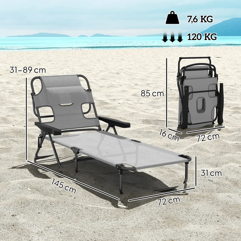 Outsunny Tumbona Plegable, Tumbona Jardín Exterior con Respaldo Ajustable en 4 Posiciones, Orificio de Lectura, Reposacabezas y Brazos, Carga 120 kg, para Terraza, Piscina, 145x72x89 cm, Gris Oscuro