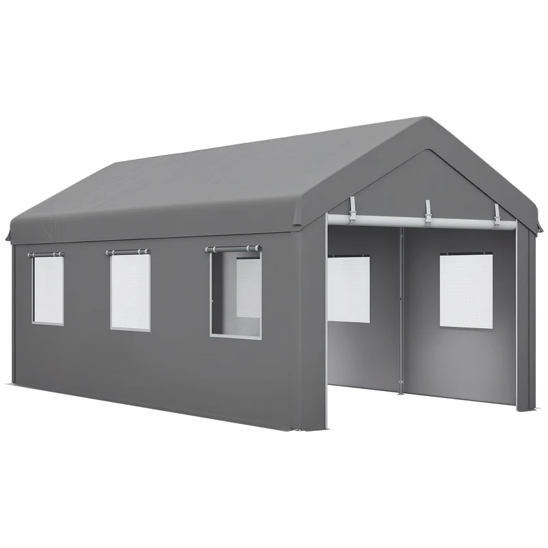Outsunny Carpa Garaje Portátil 6x3 m, Garaje Exterior para Coche Impermeable con Paredes Laterales Desmontables, 2 Puertas Enrollables y 6 Ventanas, Cobertizo de Almacenamiento Anti-UV, Gris Claro