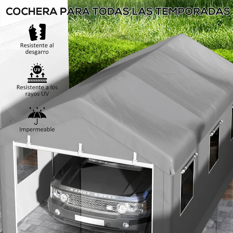 Outsunny Carpa Garaje Portátil 6x3 m, Garaje Exterior para Coche Impermeable con Paredes Laterales Desmontables, 2 Puertas Enrollables y 6 Ventanas, Cobertizo de Almacenamiento Anti-UV, Gris Claro