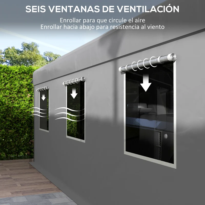 Outsunny Carpa Garaje Portátil 6x3 m, Garaje Exterior para Coche Impermeable con Paredes Laterales Desmontables, 2 Puertas Enrollables y 6 Ventanas, Cobertizo de Almacenamiento Anti-UV, Gris Claro