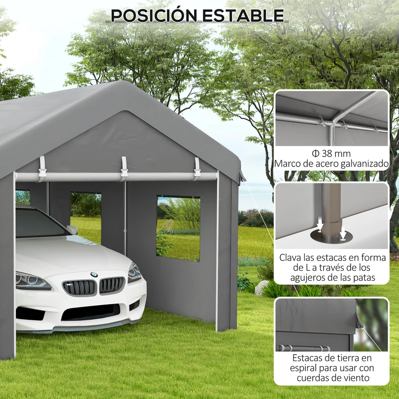 Outsunny Carpa Garaje Portátil 6x3 m, Garaje Exterior para Coche Impermeable con Paredes Laterales Desmontables, 2 Puertas Enrollables y 6 Ventanas, Cobertizo de Almacenamiento Anti-UV, Gris Claro