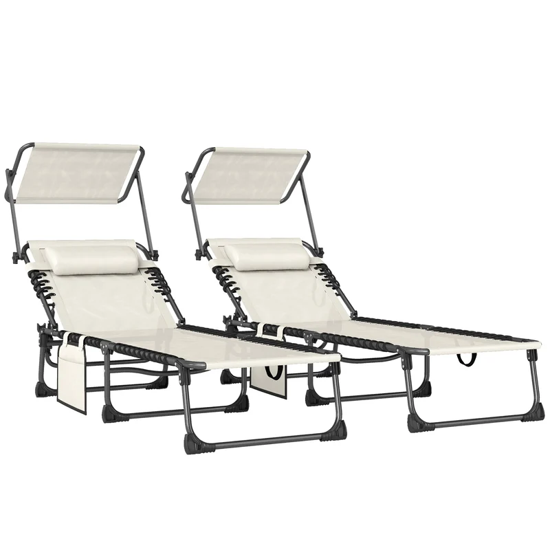 Outsunny Set de 2 Tumbonas Jardín Exterior, Tumbonas Plegables con Reposacabezas, Parasol y Bolsillo Lateral, Respaldo Reclinable 5 Posiciones y Asiento Malla Transpirable para Playa, Piscina, Crema