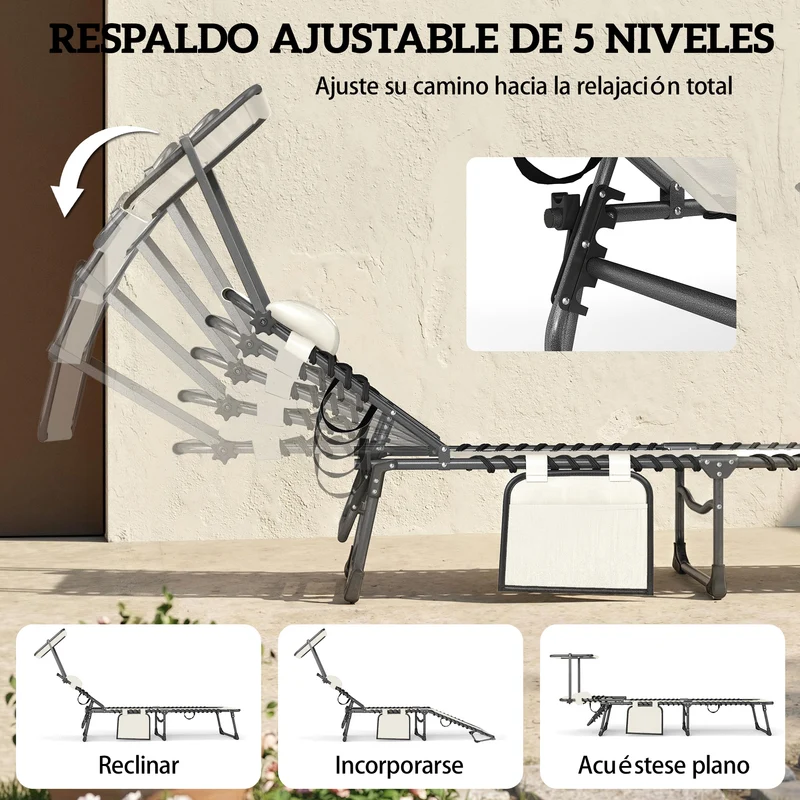 Outsunny Set de 2 Tumbonas Jardín Exterior, Tumbonas Plegables con Reposacabezas, Parasol y Bolsillo Lateral, Respaldo Reclinable 5 Posiciones y Asiento Malla Transpirable para Playa, Piscina, Crema