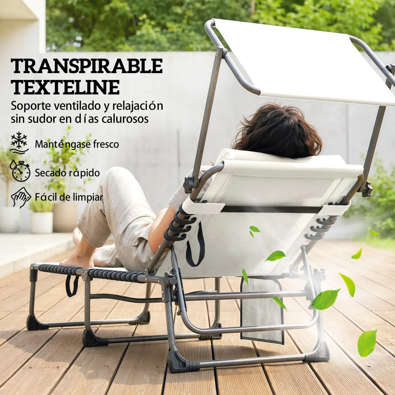 Outsunny Set de 2 Tumbonas Jardín Exterior, Tumbonas Plegables con Reposacabezas, Parasol y Bolsillo Lateral, Respaldo Reclinable 5 Posiciones y Asiento Malla Transpirable para Playa, Piscina, Crema