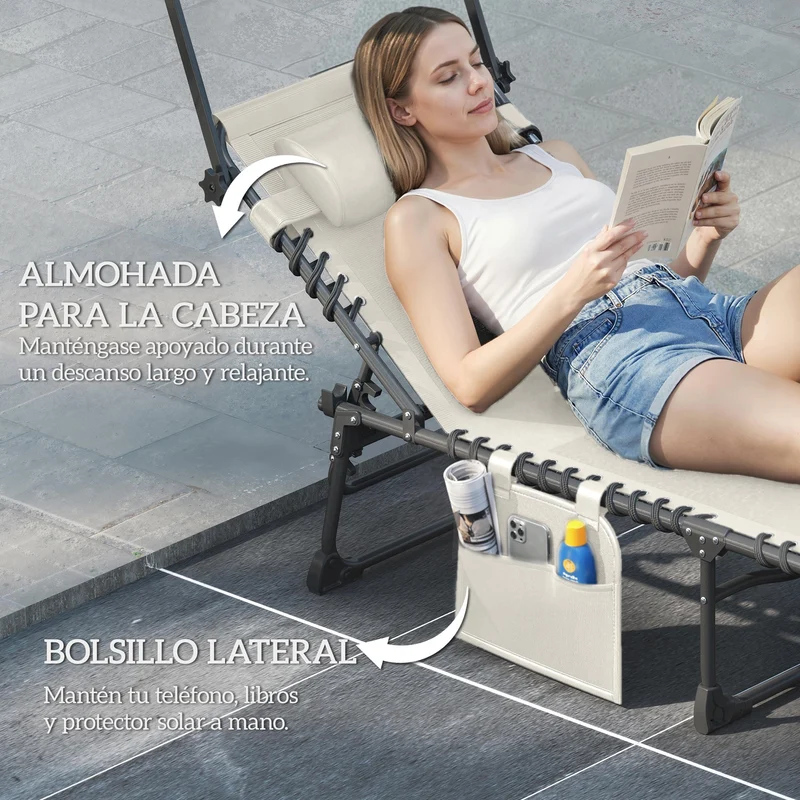 Outsunny Set de 2 Tumbonas Jardín Exterior, Tumbonas Plegables con Reposacabezas, Parasol y Bolsillo Lateral, Respaldo Reclinable 5 Posiciones y Asiento Malla Transpirable para Playa, Piscina, Crema