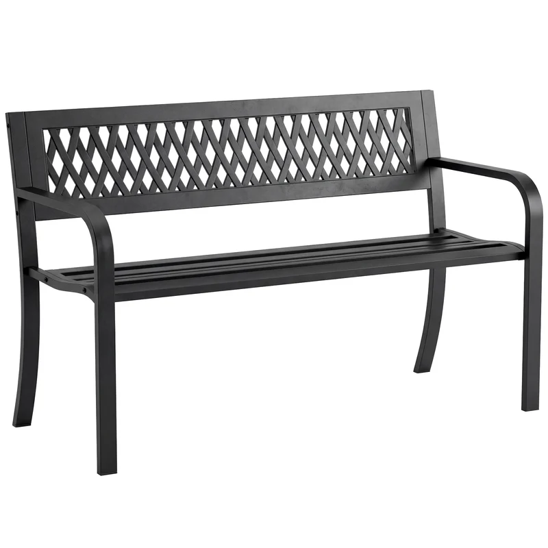 Outsunny Banco de Jardín Exterior de 2 Plazas, Banco Exterior con Asiento Listonado, Reposabrazos y Marco de Acero, para Patio, Terraza, 119x50x75 cm, Negro