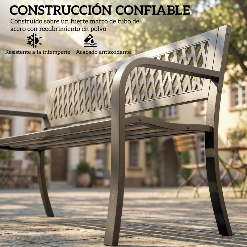 Outsunny Banco de Jardín Exterior de 2 Plazas, Banco Exterior con Asiento Listonado, Reposabrazos y Marco de Acero, para Patio, Terraza, 119x50x75 cm, Negro