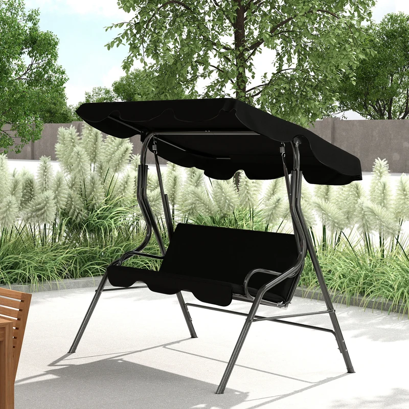 Outsunny Columpio de Jardín de 2-3 Plazas, Balancín de Exterior con Toldo Ajustable en Ángulo, Impermeable y Marco de Acero, para Patio, Balcón, 170x110x153 cm, Negro
