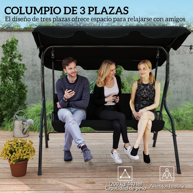 Outsunny Columpio de Jardín de 2-3 Plazas, Balancín de Exterior con Toldo Ajustable en Ángulo, Impermeable y Marco de Acero, para Patio, Balcón, 170x110x153 cm, Negro