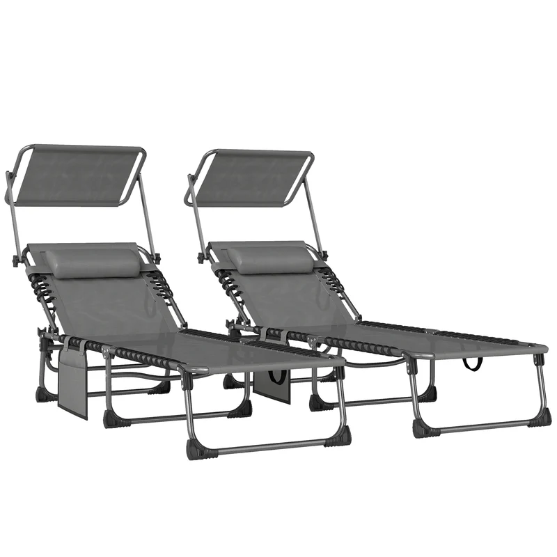 Outsunny Set de 2 Tumbonas Jardín Exterior, Tumbonas Plegables con Reposacabezas, Parasol y Bolsillo Lateral, Respaldo Reclinable 5 Posiciones y Asiento Malla Transpirable para Playa, Piscina, Gris