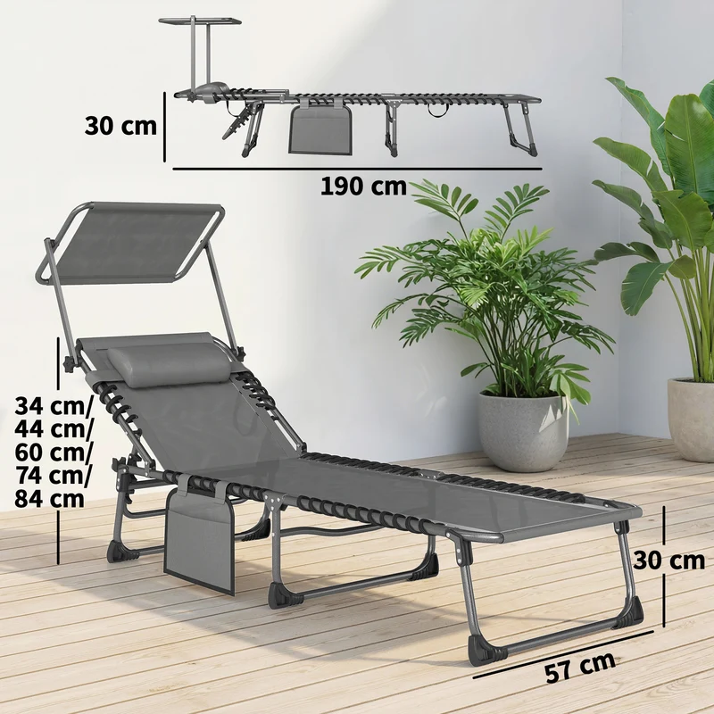 Outsunny Set de 2 Tumbonas Jardín Exterior, Tumbonas Plegables con Reposacabezas, Parasol y Bolsillo Lateral, Respaldo Reclinable 5 Posiciones y Asiento Malla Transpirable para Playa, Piscina, Gris