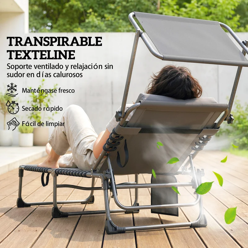 Outsunny Set de 2 Tumbonas Jardín Exterior, Tumbonas Plegables con Reposacabezas, Parasol y Bolsillo Lateral, Respaldo Reclinable 5 Posiciones y Asiento Malla Transpirable para Playa, Piscina, Gris