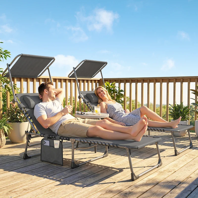 Outsunny Set de 2 Tumbonas Jardín Exterior, Tumbonas Plegables con Reposacabezas, Parasol y Bolsillo Lateral, Respaldo Reclinable 5 Posiciones y Asiento Malla Transpirable para Playa, Piscina, Gris