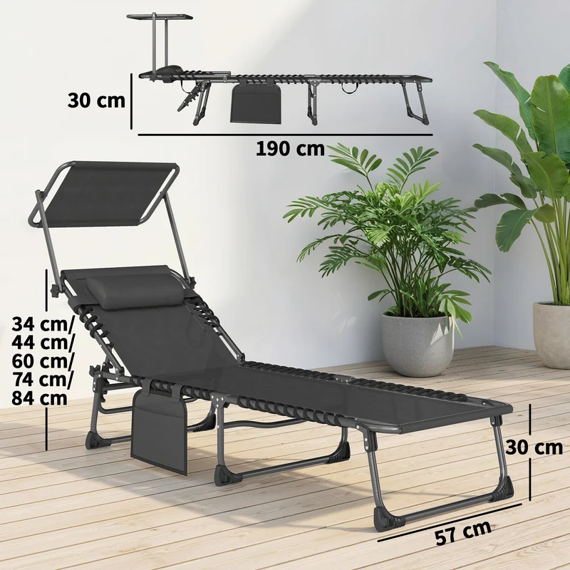Outsunny Set de 2 Tumbonas Jardín Exterior, Tumbonas Plegables con Reposacabezas, Parasol y Bolsillo Lateral, Respaldo Reclinable 5 Posiciones y Asiento Malla Transpirable para Playa, Piscina, Negro