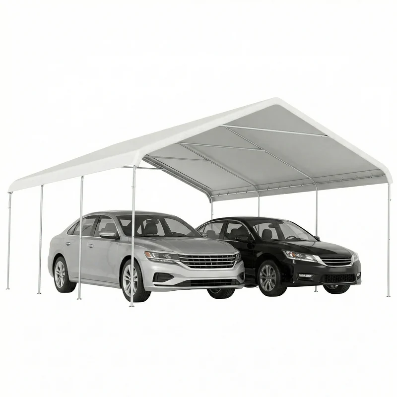 Outsunny Carpa Garaje Portátil 5x6 m, Garaje Exterior para Coche Impermeable con Estructura de Acero Galvanizado, Toldo Resistente Anti-UV, Cobertizo para Herramientas de Jardín, Blanco Crema