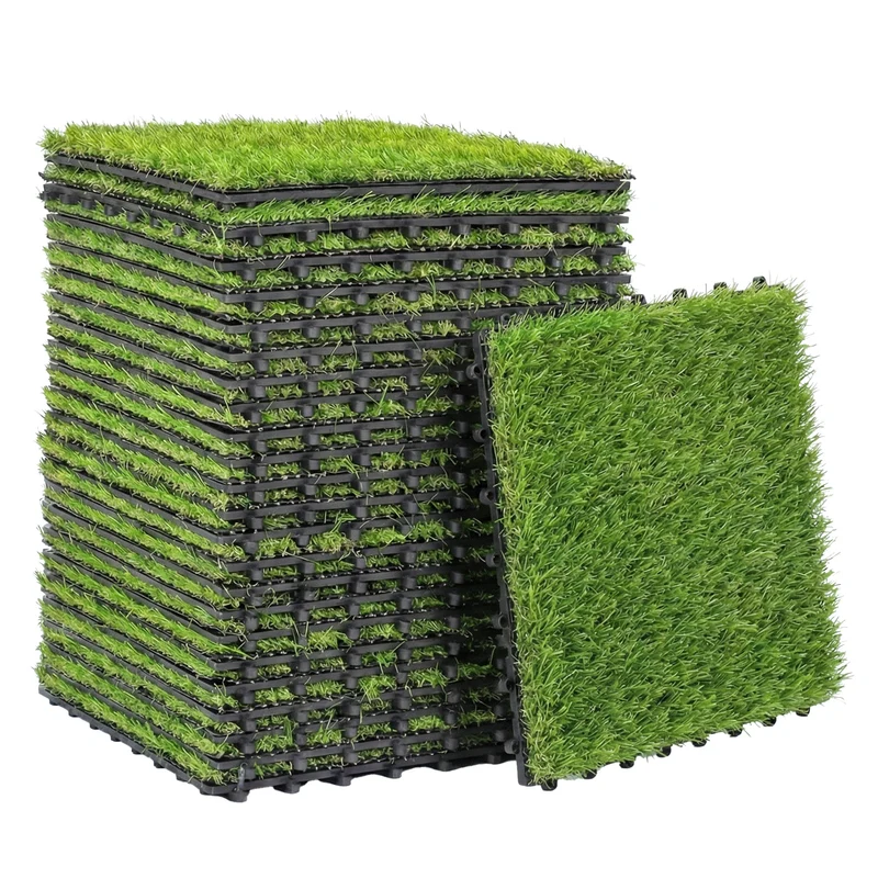 Outsunny Césped Artificial de 22 Piezas, Alfombra Césped Artificial 30x30 cm, con Altura de Hierba 25 mm, Drenaje Automático, para Jardín, Terraza, Patio, Balcón, Verde