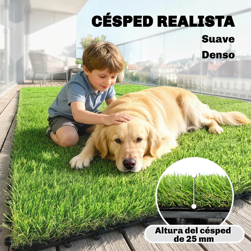 Outsunny Césped Artificial de 22 Piezas, Alfombra Césped Artificial 30x30 cm, con Altura de Hierba 25 mm, Drenaje Automático, para Jardín, Terraza, Patio, Balcón, Verde