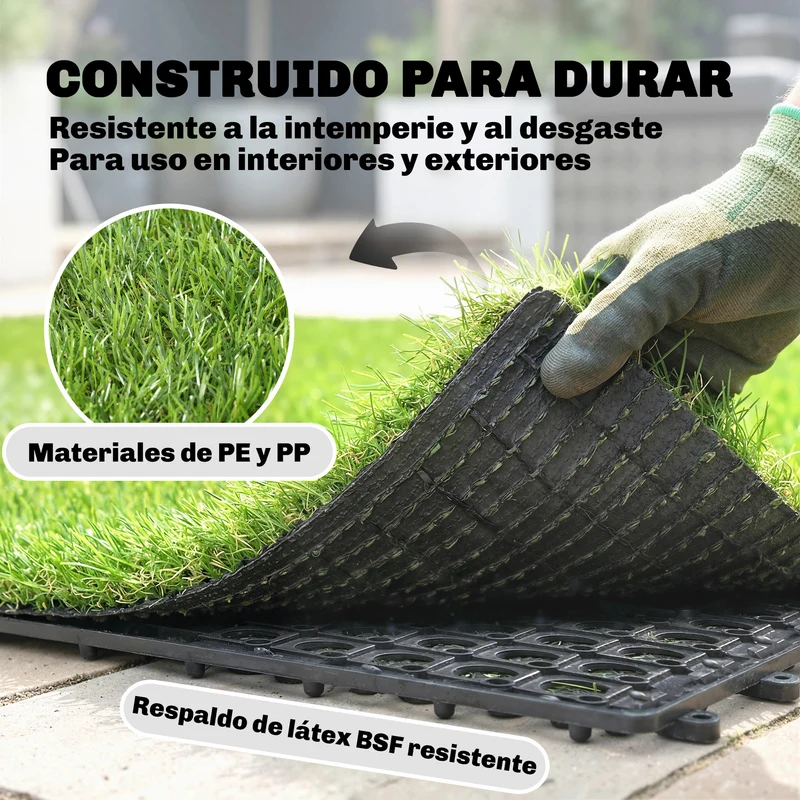 Outsunny Césped Artificial de 22 Piezas, Alfombra Césped Artificial 30x30 cm, con Altura de Hierba 25 mm, Drenaje Automático, para Jardín, Terraza, Patio, Balcón, Verde