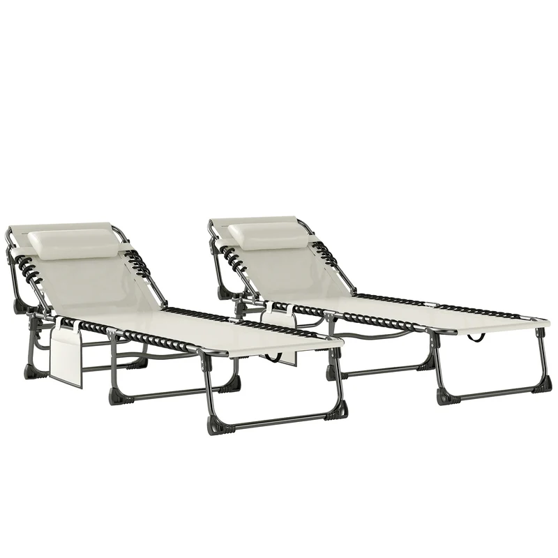 Outsunny Set de 2 Tumbonas Jardín Exterior, Tumbonas Plegables con Reposacabezas y Bolsillo Lateral, Respaldo Reclinable 5 Posiciones y Asiento de Malla Transpirable para Playa, Piscina, Blanco Crema