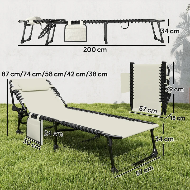Outsunny Set de 2 Tumbonas Jardín Exterior, Tumbonas Plegables con Reposacabezas y Bolsillo Lateral, Respaldo Reclinable 5 Posiciones y Asiento de Malla Transpirable para Playa, Piscina, Blanco Crema