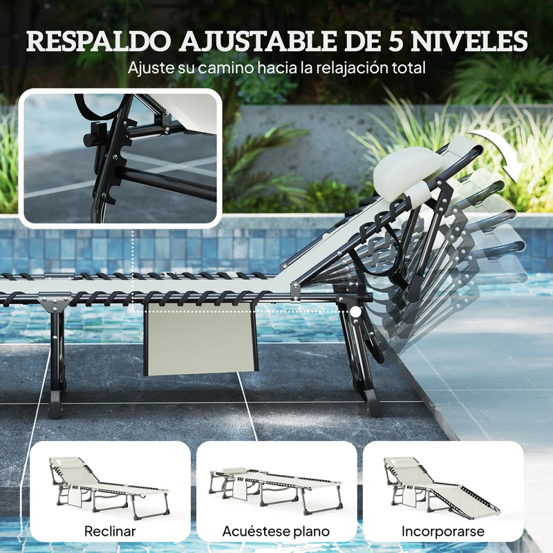 Outsunny Set de 2 Tumbonas Jardín Exterior, Tumbonas Plegables con Reposacabezas y Bolsillo Lateral, Respaldo Reclinable 5 Posiciones y Asiento de Malla Transpirable para Playa, Piscina, Blanco Crema