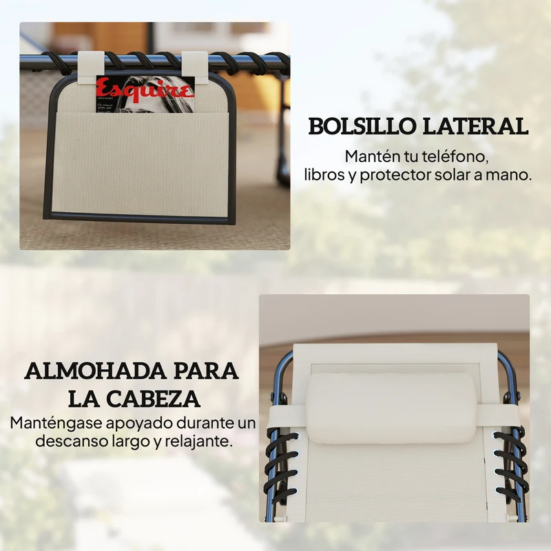 Outsunny Set de 2 Tumbonas Jardín Exterior, Tumbonas Plegables con Reposacabezas y Bolsillo Lateral, Respaldo Reclinable 5 Posiciones y Asiento de Malla Transpirable para Playa, Piscina, Blanco Crema