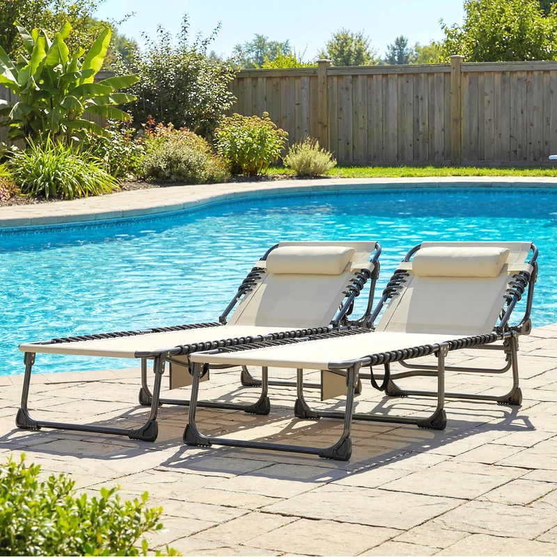 Outsunny Set de 2 Tumbonas Jardín Exterior, Tumbonas Plegables con Reposacabezas y Bolsillo Lateral, Respaldo Reclinable 5 Posiciones y Asiento de Malla Transpirable para Playa, Piscina, Blanco Crema