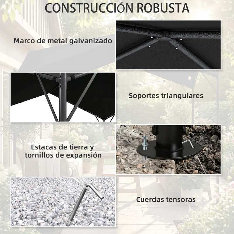 Outsunny Pérgola de Jardín 3x3 m, Cenador de Jardín con Techo Inclinado, Dosel UPF30+ y Estructura de Metal Galvanizado, Pabellón para Exterior, Patio, Terraza, Gris Oscuro