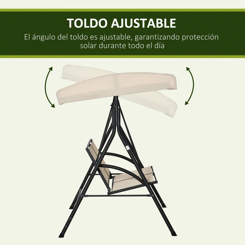 Outsunny Columpio de Jardín Exterior de 2 Plazas, Balancín de Jardín Exterior con Techo Ajustable y Marco de Acero, Asientos de Textilene, para Balcón, Terraza, Carga 220 kg, 140x118x162 cm, Beige