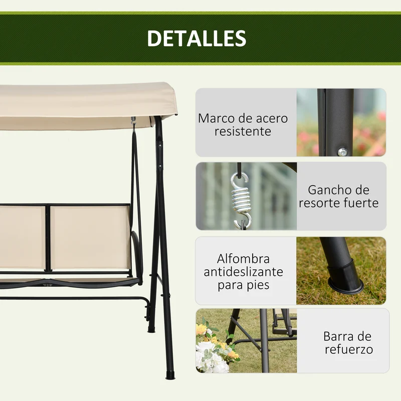 Outsunny Columpio de Jardín Exterior de 2 Plazas, Balancín de Jardín Exterior con Techo Ajustable y Marco de Acero, Asientos de Textilene, para Balcón, Terraza, Carga 220 kg, 140x118x162 cm, Beige