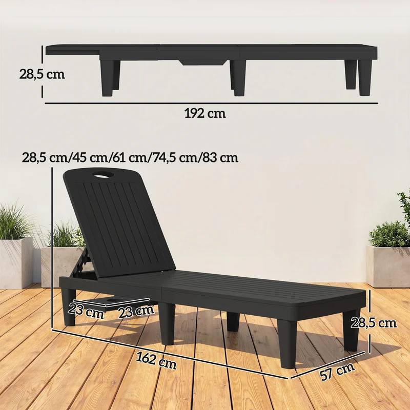Outsunny Pack de 2 Tumbonas de Jardín Exterior, Tumbonas Reclinables de Plástico PP con Bandeja Lateral, Respaldo Ajustable de 5 Niveles, Resistentes a la Intemperie, para Playa, Piscina, Negro