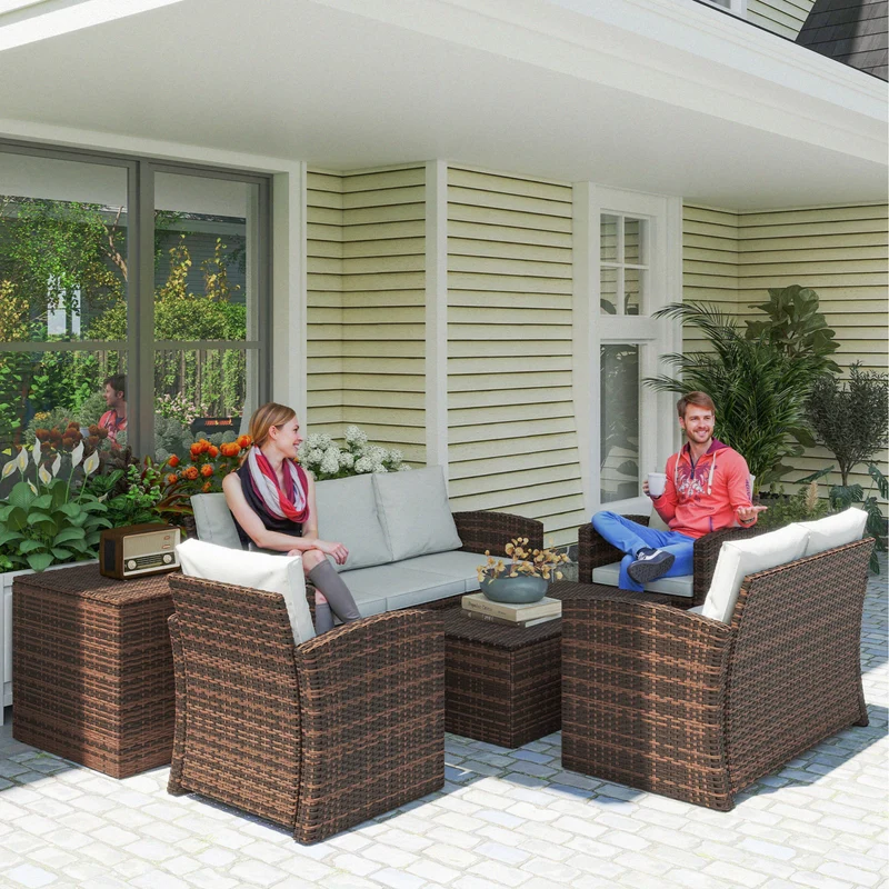 Conjunto jardín ratán 6 piezas – sofá doble, sofá 3 plazas, 2 sillones y 2 mesas auxiliares almacenaje, beige | Outsunny