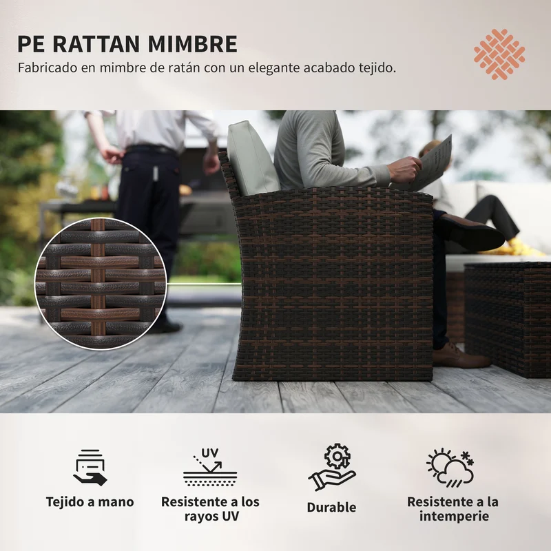 Conjunto jardín ratán 6 piezas – sofá doble, sofá 3 plazas, 2 sillones y 2 mesas auxiliares almacenaje, beige | Outsunny