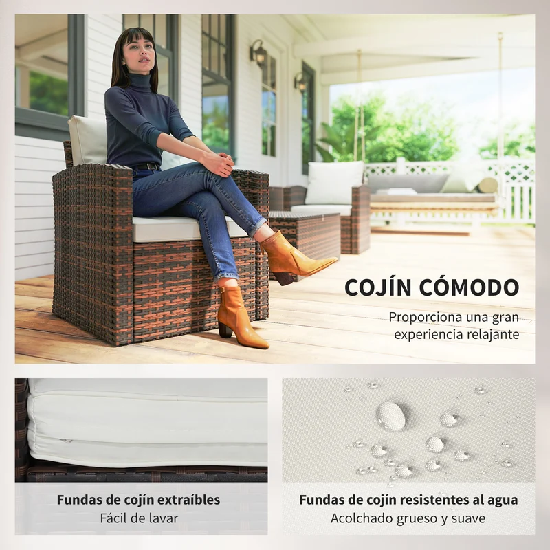 Conjunto jardín ratán 6 piezas – sofá doble, sofá 3 plazas, 2 sillones y 2 mesas auxiliares almacenaje, beige | Outsunny