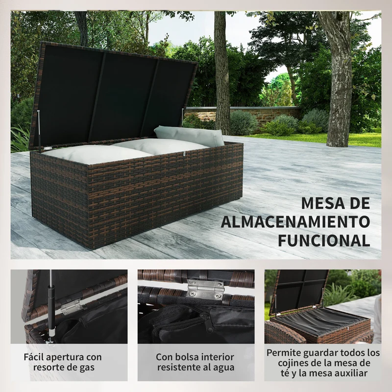 Conjunto jardín ratán 6 piezas – sofá doble, sofá 3 plazas, 2 sillones y 2 mesas auxiliares almacenaje, beige | Outsunny