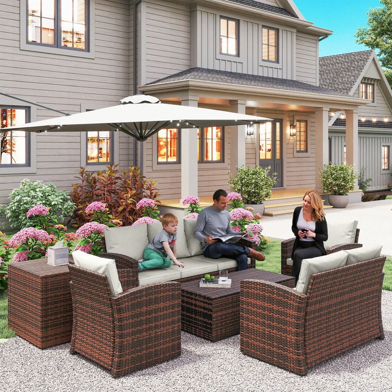 Conjunto jardín ratán 6 piezas – sofá doble, sofá 3 plazas, 2 sillones y 2 mesas auxiliares almacenaje, beige | Outsunny