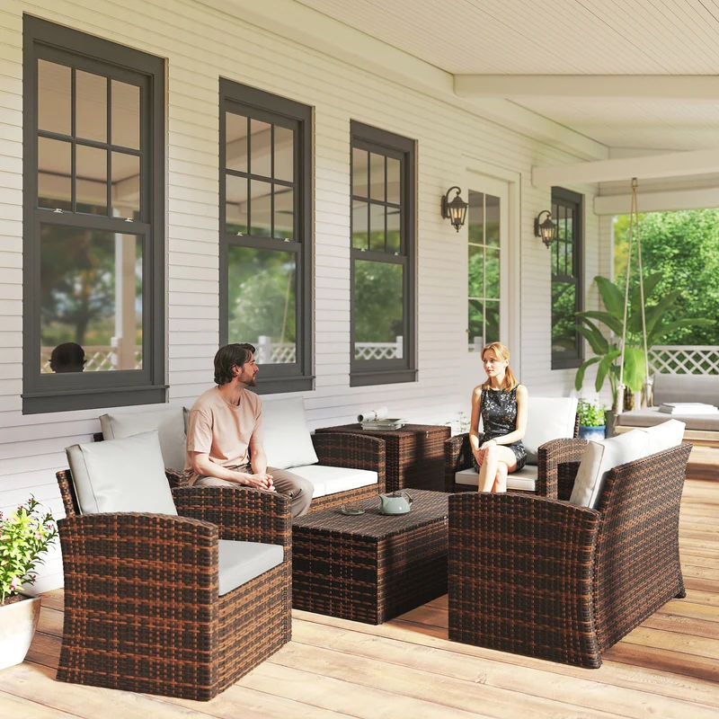 Conjunto jardín ratán 6 piezas – sofá doble, sofá 3 plazas, 2 sillones y 2 mesas auxiliares almacenaje, beige | Outsunny
