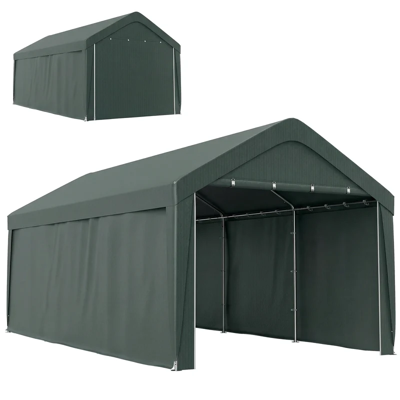 Outsunny Carpa Garaje Portátil 3x6 m, Garaje Exterior para Coche Impermeable con Paredes Laterales Desmontables, Anti-UV, 2 Puertas Enrollables, Cobertizo para Herramientas de Jardín, Gris Oscuro