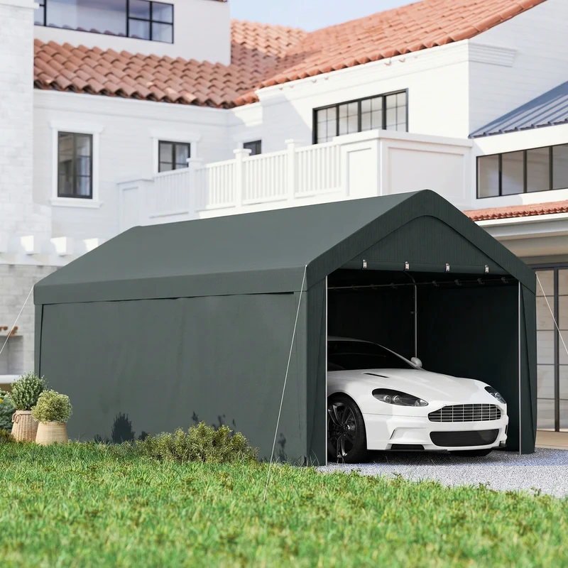 Outsunny Carpa Garaje Portátil 3x6 m, Garaje Exterior para Coche Impermeable con Paredes Laterales Desmontables, Anti-UV, 2 Puertas Enrollables, Cobertizo para Herramientas de Jardín, Gris Oscuro