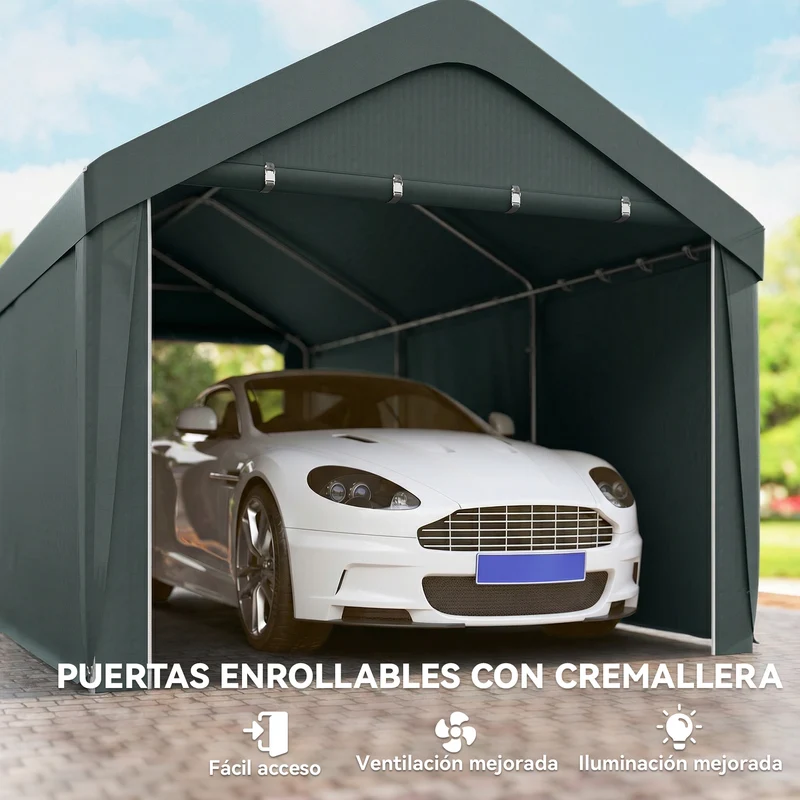 Outsunny Carpa Garaje Portátil 3x6 m, Garaje Exterior para Coche Impermeable con Paredes Laterales Desmontables, Anti-UV, 2 Puertas Enrollables, Cobertizo para Herramientas de Jardín, Gris Oscuro