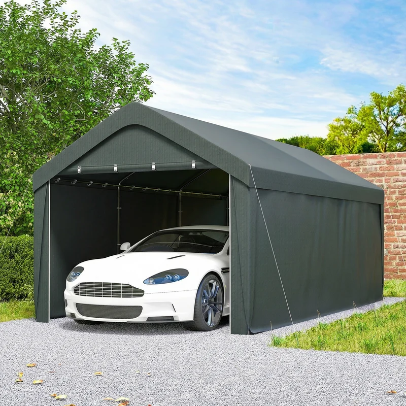 Outsunny Carpa Garaje Portátil 3x6 m, Garaje Exterior para Coche Impermeable con Paredes Laterales Desmontables, Anti-UV, 2 Puertas Enrollables, Cobertizo para Herramientas de Jardín, Gris Oscuro