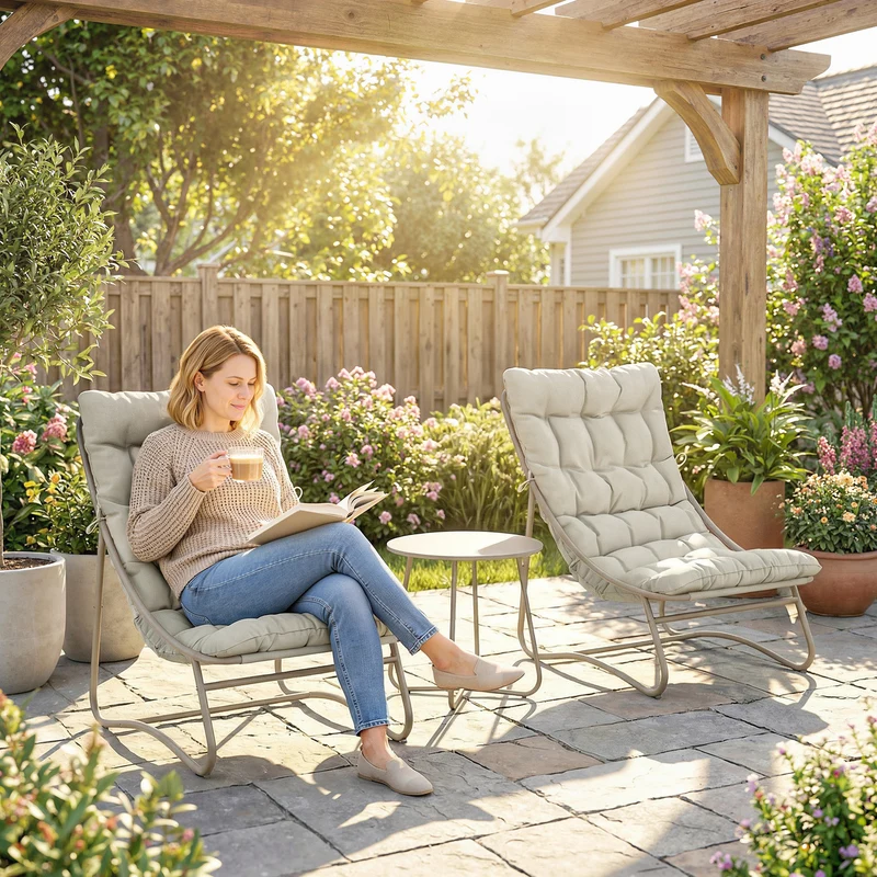 Outsunny Conjunto de Mesa y Sillas de Terraza Exterior de 3 Piezas, Muebles de Jardín Exterior con Cojines, 2 Sillas Lounge Transpirable, Mesa de Café y Marco de Acero, para Patio, Balcón, Gris Claro