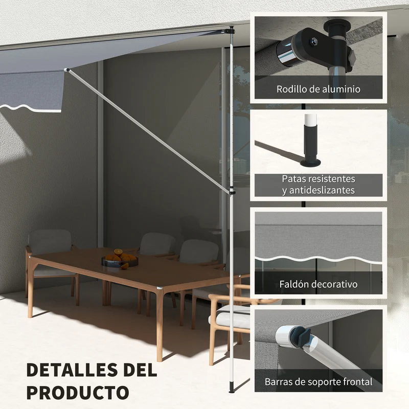 Outsunny Toldo Manual Retráctil 4x1,2 m, Toldo Exterior Terraza Enrollable, Altura Ajustable 170-280 cm, con Manivela, Anti-UV e Impermeable, Sin Taladro, para Balcón, Jardín, Gris Oscuro