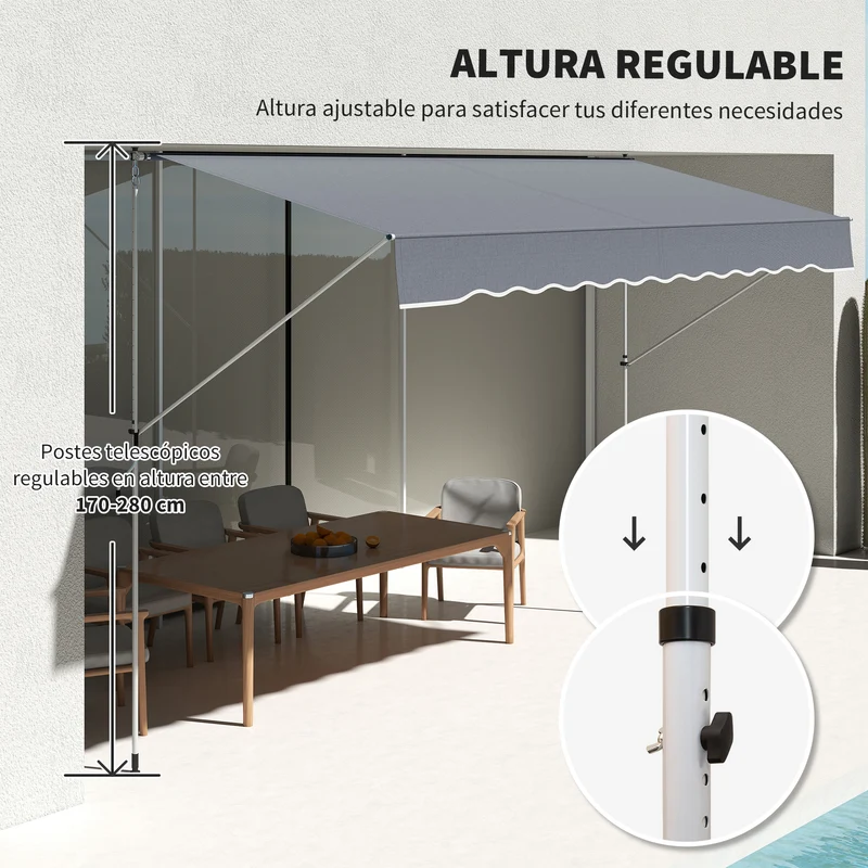 Outsunny Toldo Manual Retráctil 4x1,2 m, Toldo Exterior Terraza Enrollable, Altura Ajustable 170-280 cm, con Manivela, Anti-UV e Impermeable, Sin Taladro, para Balcón, Jardín, Gris Oscuro